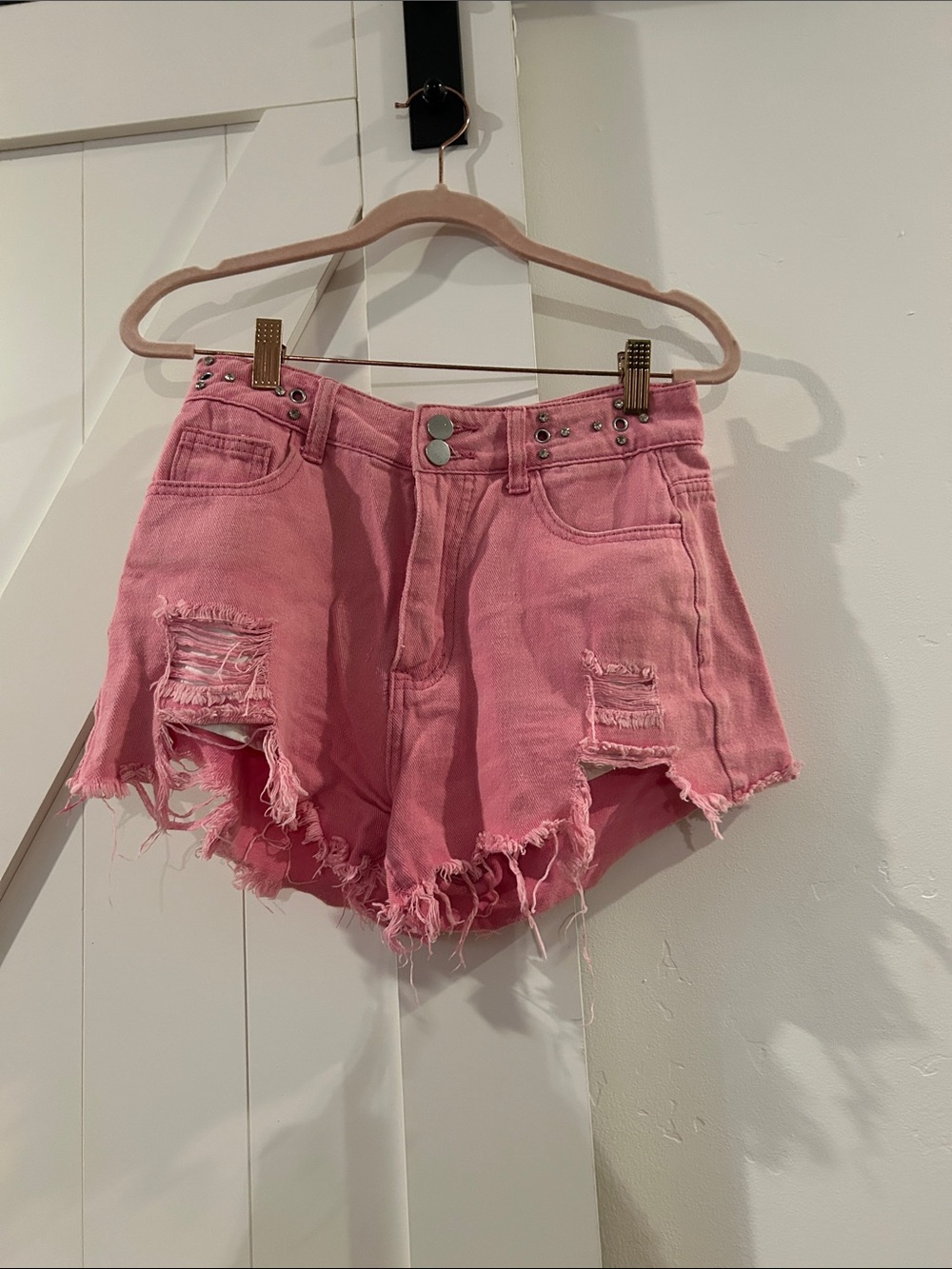 High-Rise Pink Distressed Denim Shorts with Stud Detail